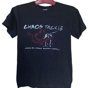 Vintage Chaos‎ Tackle Men's Small Black Short Sleeve T-Shirt Classic Retro Style